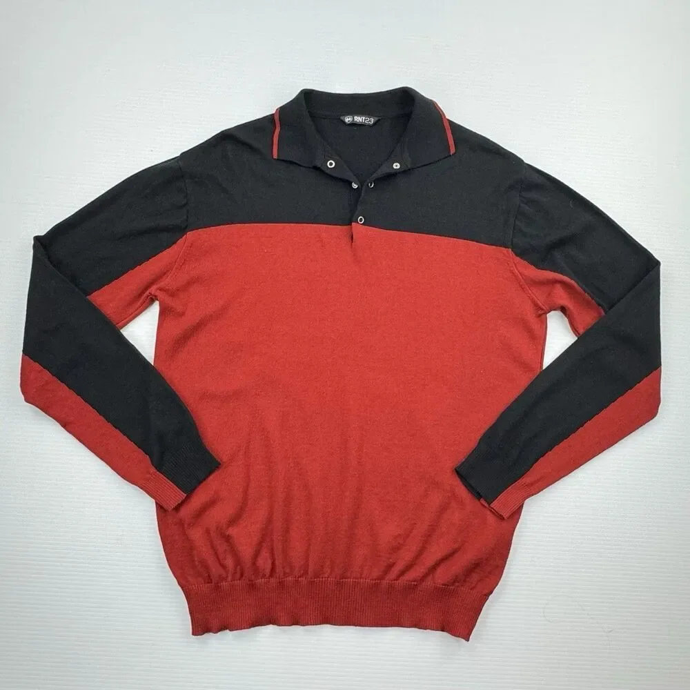 RNT23 Ron Tomson Polo Sweater Mens XL Red Black Colorblock Long Sleeve